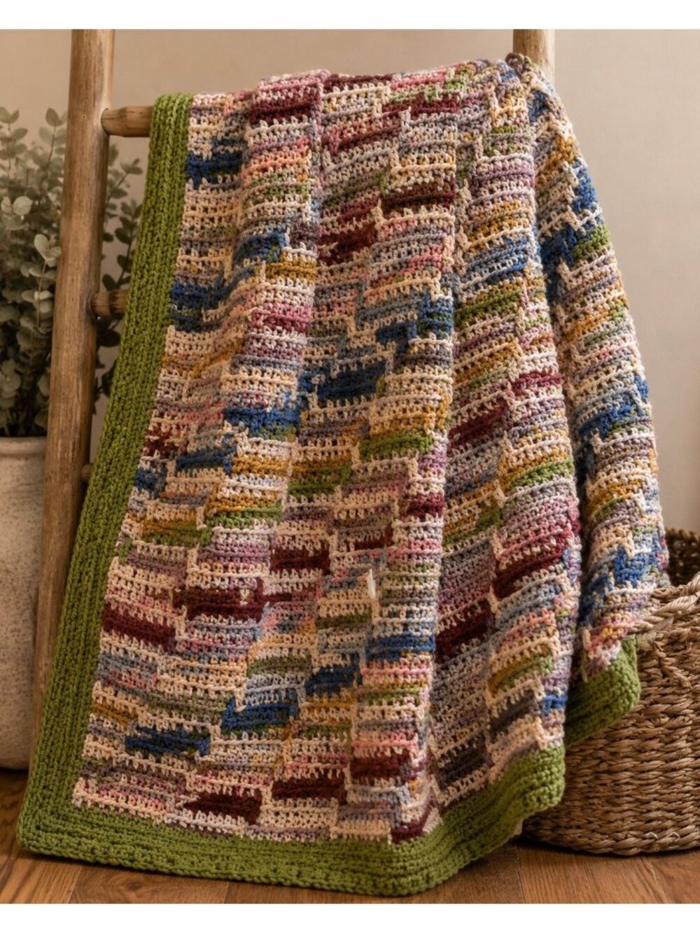 HK22 - "Handmade Crochet Afghan Blanket Multicolor Striped Green Border Vintage